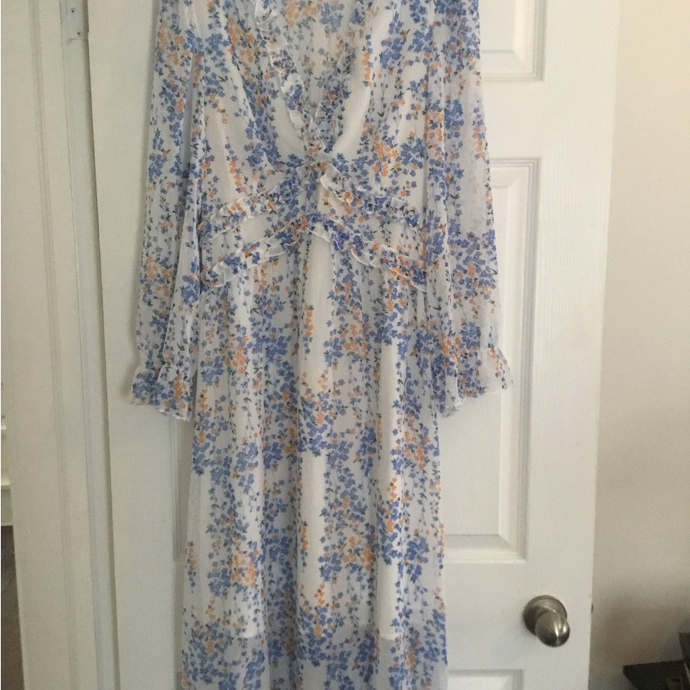 SHEIN Long Sleeve Floral Dress in Blue and Orange